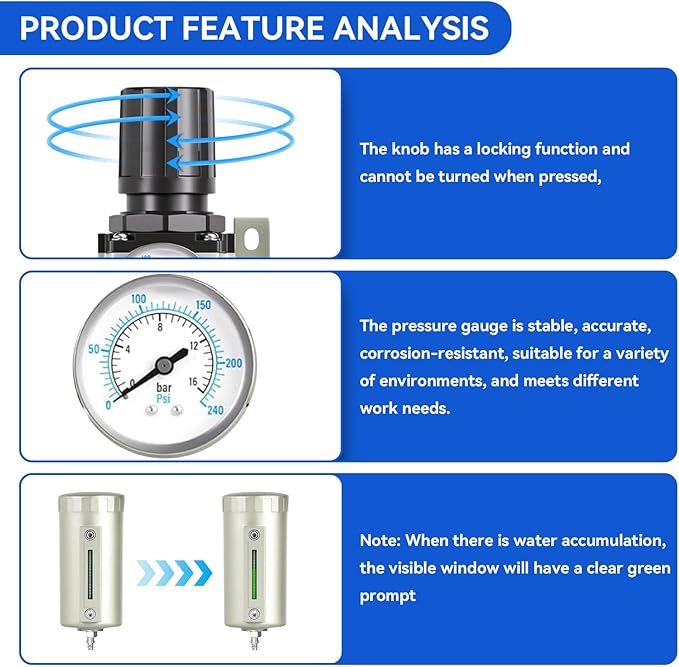 1/2" NPT Industrial Grade 3 Stage Air-Dryer-for-Compressor, Manual Drain Air-Compressor-Water-Separator-System Filter Oil for Plasma Cutter and Paint Spray,0-240 PSI,Double Filtration & Drying System