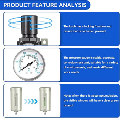 1/2" NPT Industrial Grade 3 Stage Air-Dryer-for-Compressor, Manual Drain Air-Compressor-Water-Separator-System Filter Oil for Plasma Cutter and Paint Spray,0-240 PSI,Double Filtration & Drying System