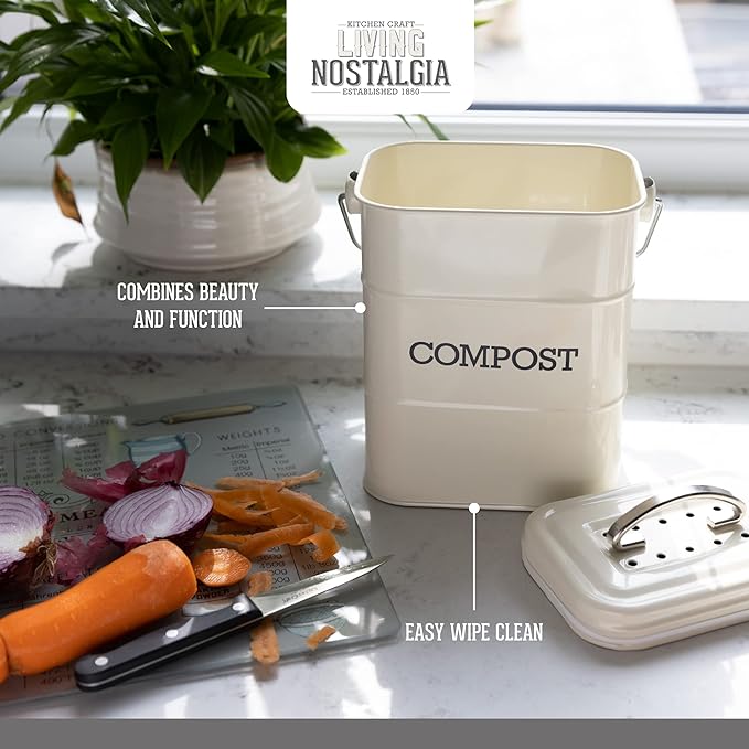 KitchenCraft Living Nostalgia Kitchen Compost Bin, Metal, 16.5 x 12 x 24 cm, Antique Cream