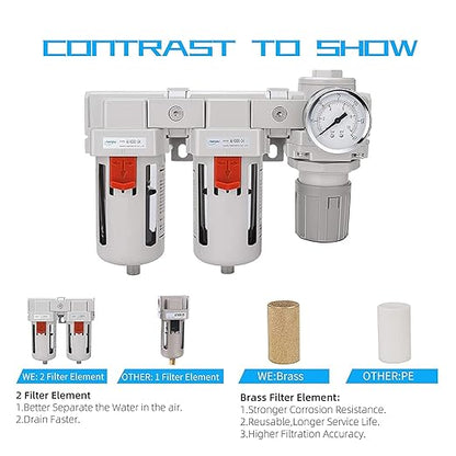 NANPU 3/4" NPT Air Drying System - Double Air Filters, Air Pressure Regulator Combo - Semi-Auto Drain, Poly Bowl