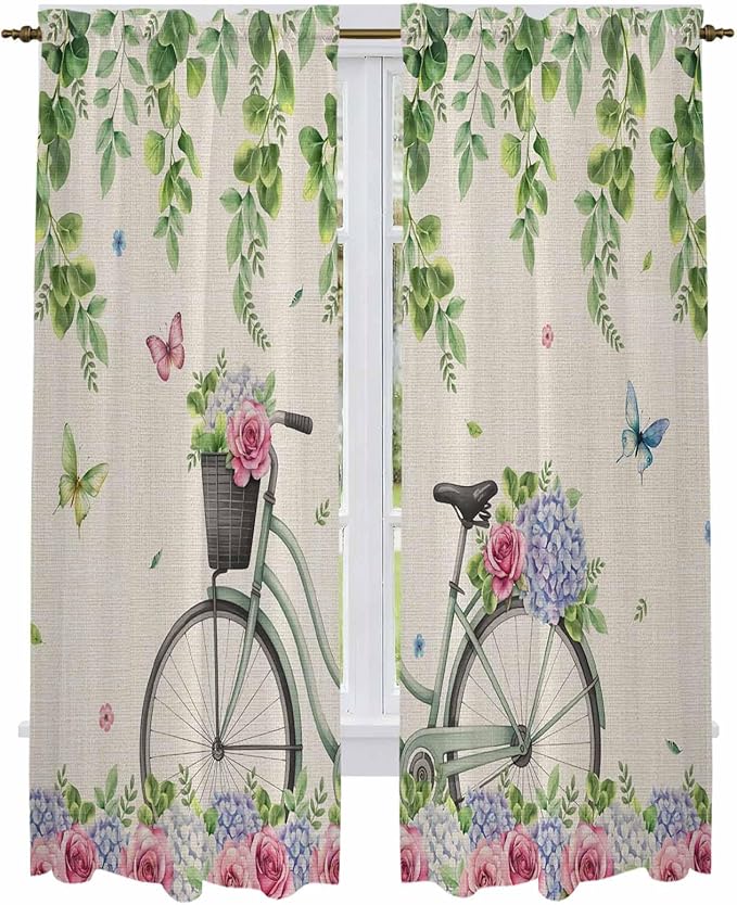 Farmhouse Spring Kitchen Curtains, Retro Bicycles Flowers Vines Butterfly Light Filtering Window Curtain Panels, 2Pcs Rod Pocket Window Treatments Set for Living Room Bathroom Bedroom 52x72 Inches