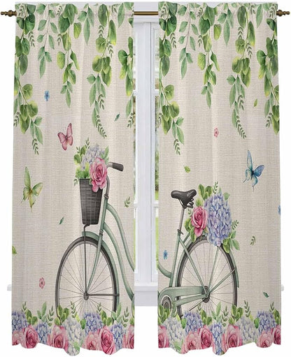 Farmhouse Spring Kitchen Curtains, Retro Bicycles Flowers Vines Butterfly Light Filtering Window Curtain Panels, 2Pcs Rod Pocket Window Treatments Set for Living Room Bathroom Bedroom 52x72 Inches