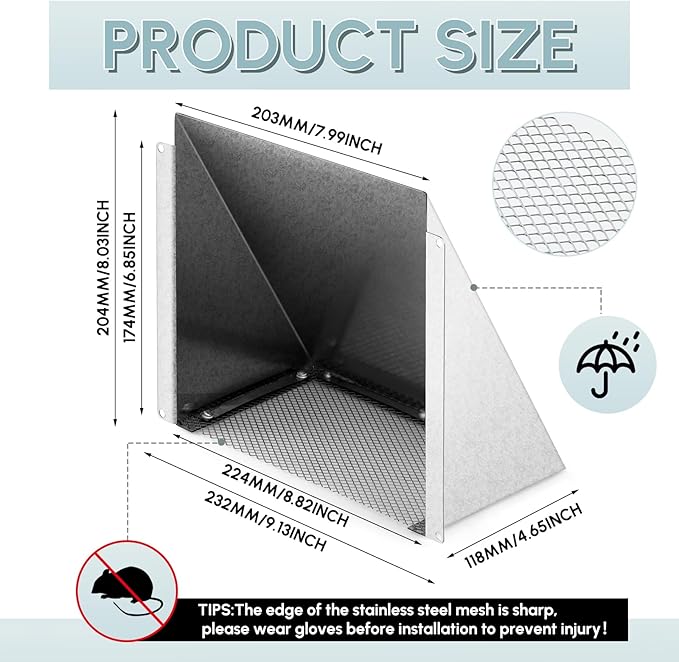 8" x 8" White Galvanized Steel Vent Cover with Mesh Screen, Duct Exhaust/Inlet Rain Deflector Air Outlet Grille Protection Roof Exhaust Hood Vent Cap for Indoor Outdoor Wall Roof Rain Snow