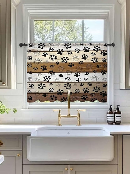 Sheer Curtains 45 Inch Length, Brown Beige Farmhouse Semi Sheer Curtains Light Filtering Window Treatment, Black Dog Paw Vintage Wooden Privacy Voile Drapes for Living Room Bedroom 52x45 Inch