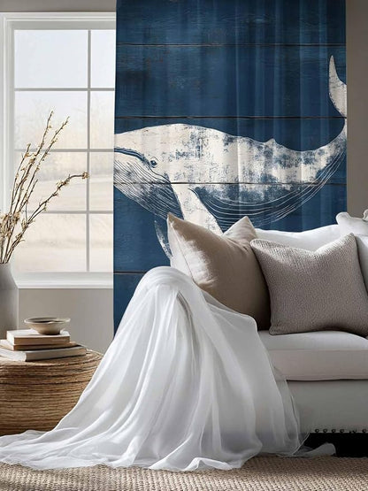 Sheer Curtains 72 Inches Long, Summer Whale Semi Sheer Curtains Light Filtering Window Treatment, Ocean Vintage Wooden Grain Blue Privacy Voile Drapes for Living Room Bedroom 52x72 Inch