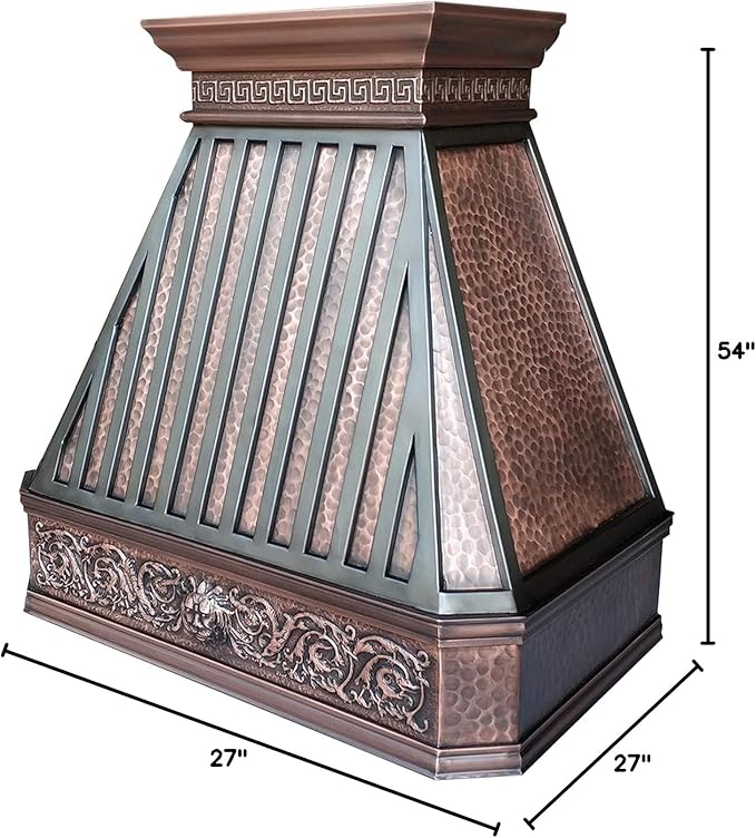 CT Copper Tailor Copper Vent Hood Island Mount,54'' W,27''H,1260 CFM Exhaust Fan,Stainless Steel Vent,LED Light,Dishwasher-Safe Baffle Filters,Light Hammered-Medium Patina,VH14TA2L