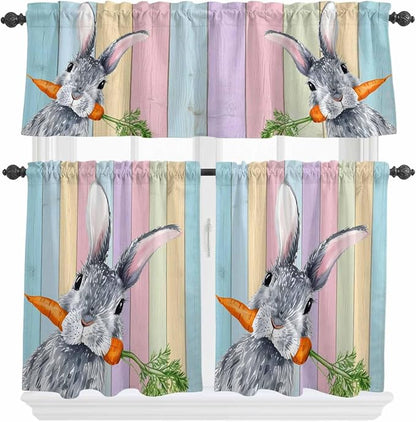 Easter Kitchen Curtain Set, Spring Grey Rabbit Carrots Colorful Wooden Plank Window Valance and Tiers 36" Length, Light Filtering Short Curtains Valance for Cafe Bathroom Bedroom 54"x18"