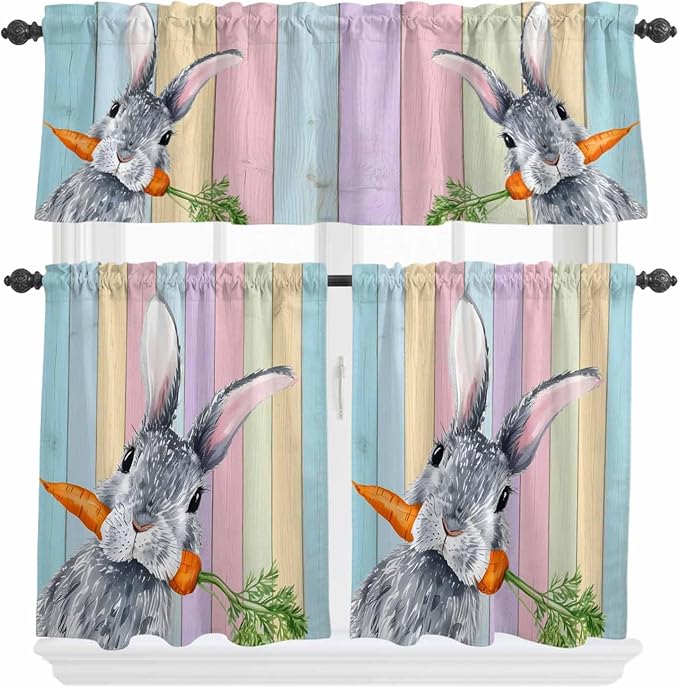 Easter Kitchen Curtain Set, Spring Grey Rabbit Carrots Colorful Wooden Plank Window Valance and Tiers 24" Length, Light Filtering Short Curtains Valance for Cafe Bathroom Bedroom 54"x18"