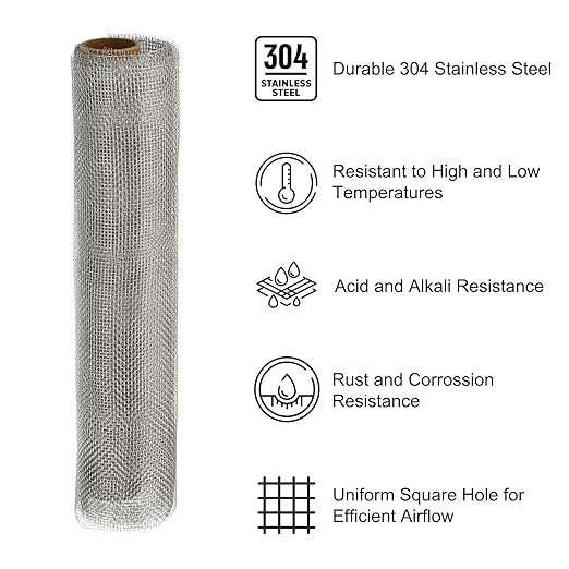 PATIKIL 40" L x 16" W Woven Wire Mesh, 14 Mesh 304 Stainless Steel Air Vent Filter Screen with Gloves for Window Security Vent Cover Filtration Animals Fence
