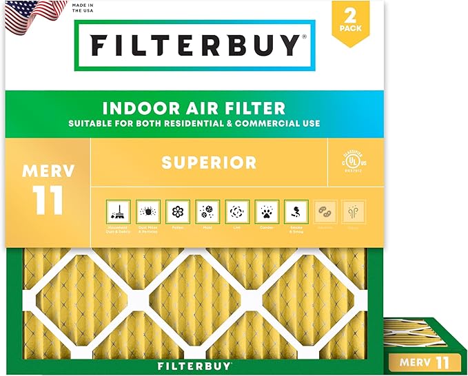 Filterbuy 11.25x11.25x1 Air Filter MERV 11 Superior Pet & Allergy Defense (2-Pack), Electrostatic Pleated HVAC AC Furnace Filters Replacement, Made in USA (Actual Size: 11.25 x 11.25 x 0.75)