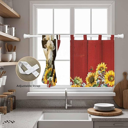 Sheep Flowers Kitchen Curtains 24 Inch Length, Small Window Curtains Tab Top, Country Red Barn Botanical Sunflowers Light Filtering Short Window Treatments Tier Drapes 27.5"x24" 2 Panel
