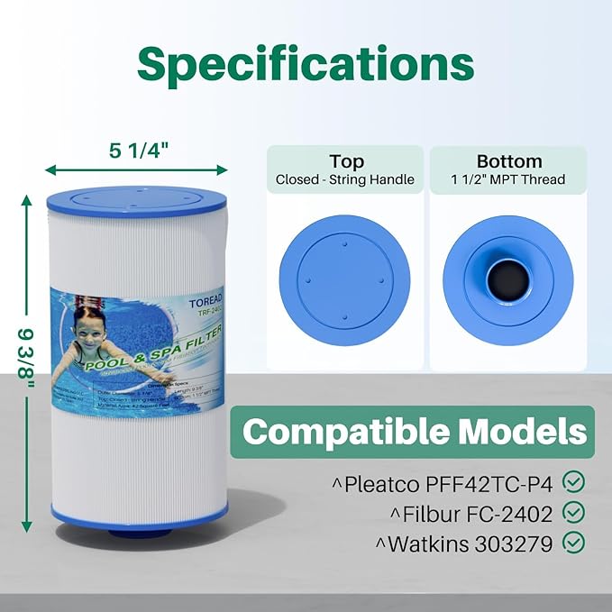 TOREAD Spa Filter Replaces Watkins 303279, FC-2402, PFF42TC-P4, 78460, Lifesmart, Freeflow, AquaTerra Hot Tub Filters, 1 1/2" MPT Thread Fine Thread, 2 Pack