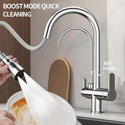 Kitchen Sink Faucet with Pull - Down Sprayer, 2 - Handle 3 - in - 1 Kitchen Sink Filter Faucet, Cold and Hot Mixer Drinking Water Faucet (3-in-1 Filter Faucet, Chrome)