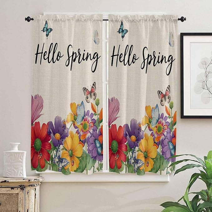 Spring Flowers Bedroom Curtains 63 Inches length, Farmhouse Vintage Country Colorful Floral Window Treatment Curtain Drapes, Rod Pocket Curtain Panels for Living Room Kitchen, 42"x63", 2 Panels