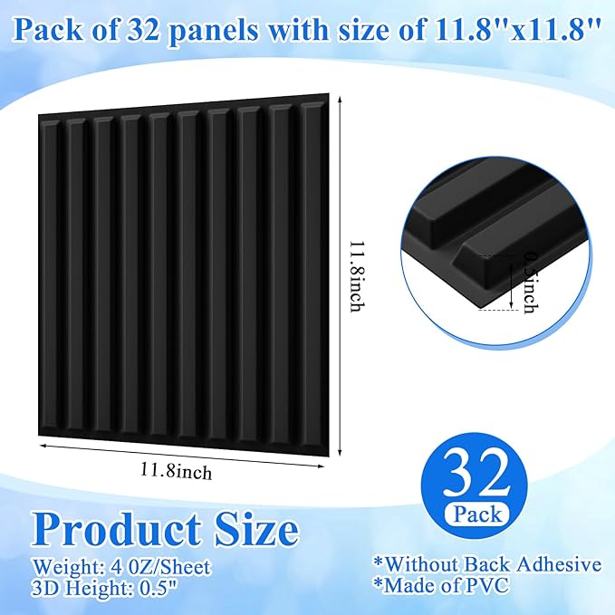 Nuanchu 32 Pcs 3D Slat Wall Panels, 12"x12" PVC Fluted Wall Paneling for Interior Decor, Paintable Waterproof Textured Tiles for Living Room TV Background Gaming Room, 32 Sq. ft Coverage (Black)