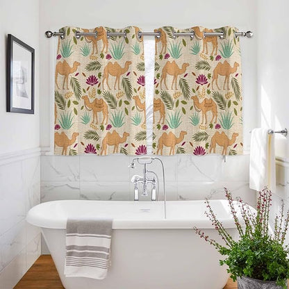 2 Panel Kitchen Cafe Curtains, Desert Camels Sunlight Filtering Nature Air Through, Home Decor Window Covering Tier Curtains for Living Room 104W x 52L inch Vintage Sand Animals Aloe Vera Leaves Beige