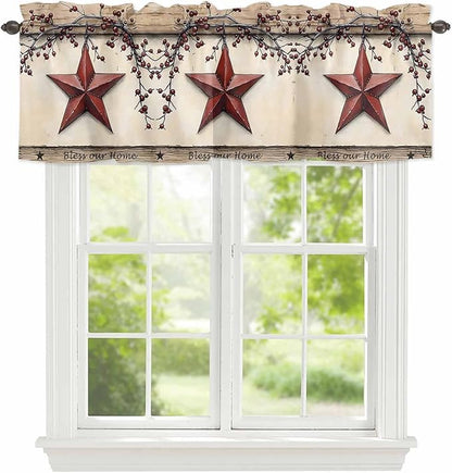 Farmhouse American Valances for Windows, Country Star Berries Vintage Wood Grain Kitchen Valance Light Filtering Rod Pocket Short Curtains for Kitchen Bathroom, 1 Panel, 54"x18"