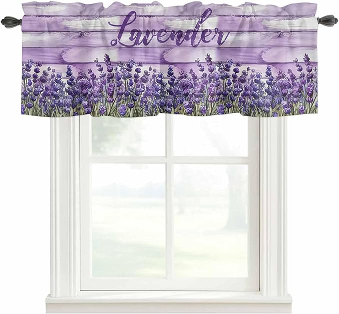 Kitchen Valances for Window, Retro Lavender on Farm Wood Grain Light Filtering Rod Pocket Valance Curtain, Watercolor Purple Flowers Short Curtains Window Topper for Bedroom Living Room 42x12in
