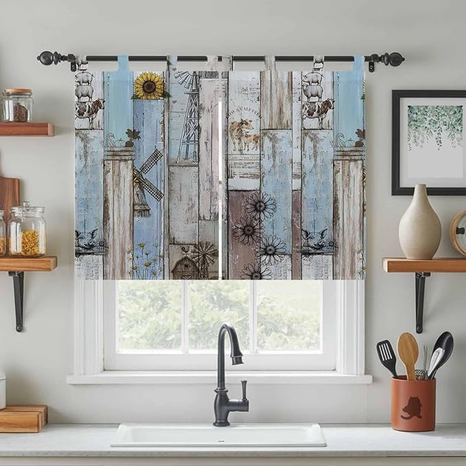 Blue Grey Wooden Bedroom Curtains 63 Inch Length, Window Curtains Tab Top, Farmhouse Barn Sunflowers Retro Light Filtering Window Treatments Drapes 42"x63" 2 Panel