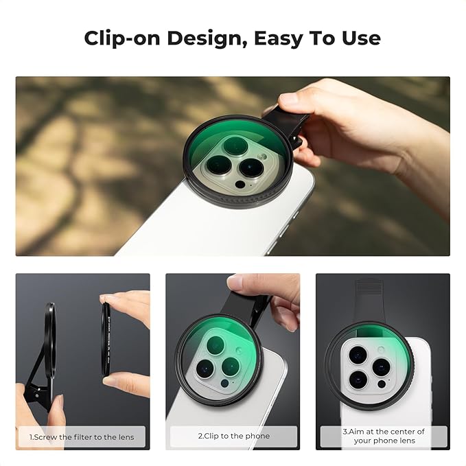 K&F CONCEPT 67mm Clip-on CPL Phone Camera Lens Filter Kit, Circular Polarizer Polarizing Filter Compatible with iPhone 16 15 14 13 12 11