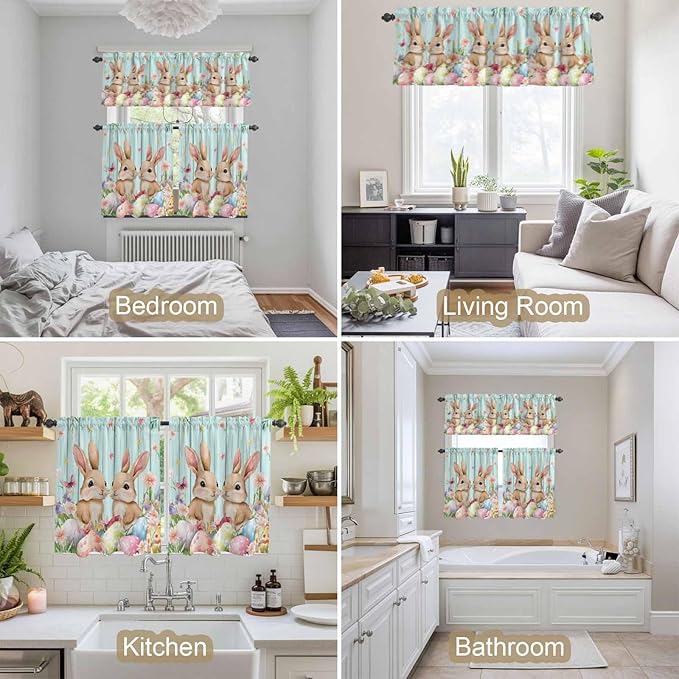 Easter Kitchen Curtains Set 3 Piece for Windows, Rod Pocket Valance and Tier Set 24 Inch Length, Spring Rabbit Colorful Eggs Flowers Wooden Grain Light Filtering Cafe Curtains for Living Room Bathroom
