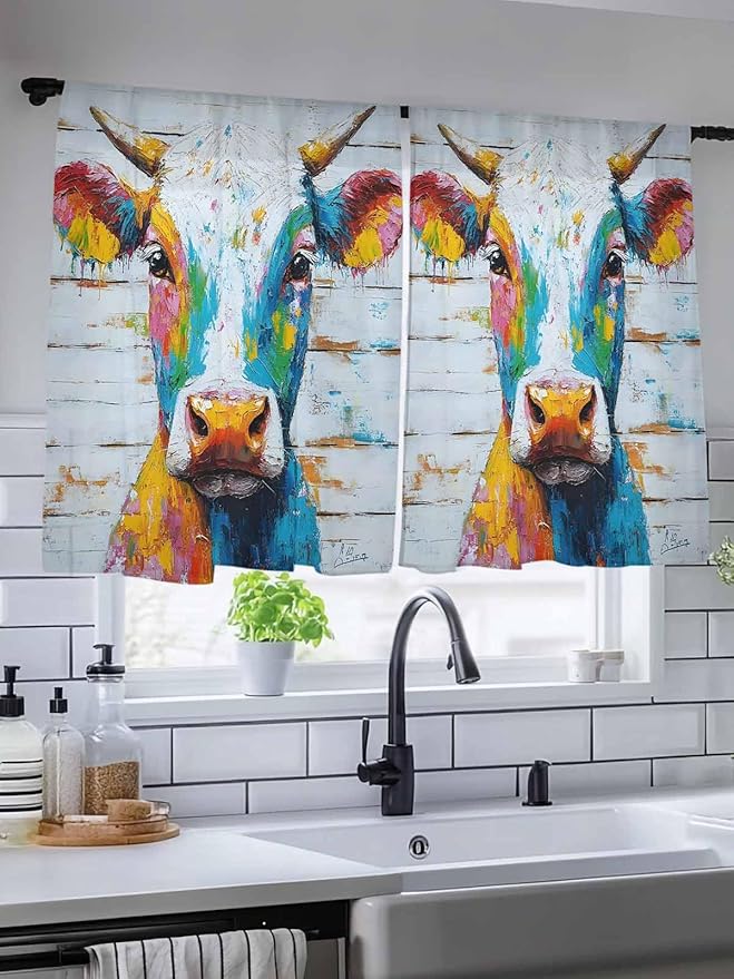 Sheer Curtains 54 Inch Length, Funny Colorful Cow Semi Sheer Curtains Light Filtering Window Treatment, Retro Rustic Oil Painting Wood Grain Privacy Voile Drapes for Living Room Bedroom 52x54 Inch