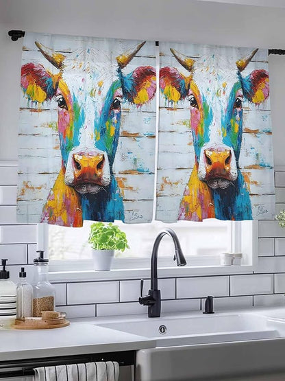 Sheer Curtains 54 Inch Length, Funny Colorful Cow Semi Sheer Curtains Light Filtering Window Treatment, Retro Rustic Oil Painting Wood Grain Privacy Voile Drapes for Living Room Bedroom 52x54 Inch