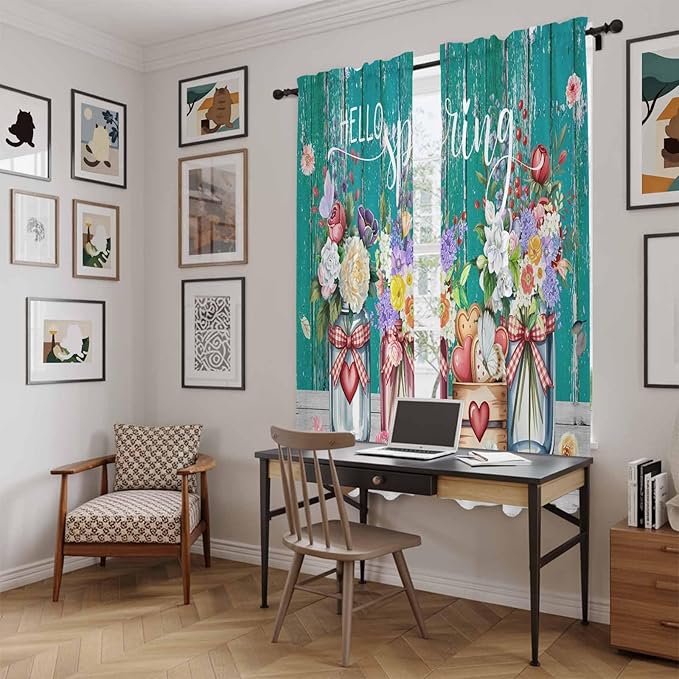 Spring Flowers Kitchen Curtains, Farmhouse Watercolor Teal Wood Grain Light Filtering Window Curtain Panels, 2Pcs Rod Pocket Window Treatments Set for Living Room Bathroom Bedroom 52x72 Inches