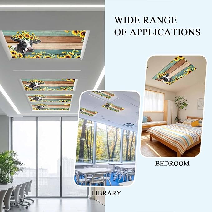 Fluorescent Light Covers Farm Cow Sunflower Magnetic Light Filters Vintage Blue Green Wood Grain Ceiling Light Covers for Classroom Office Home Drop Ceiling Lamp Decor 2 Pieces