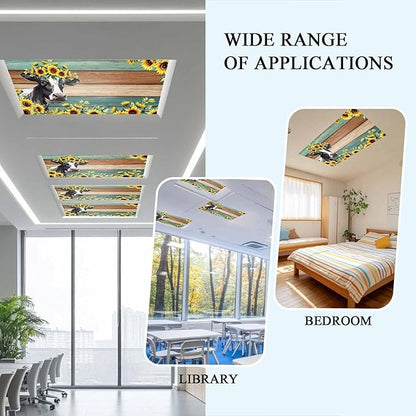Fluorescent Light Covers Farm Cow Sunflower Magnetic Light Filters Vintage Blue Green Wood Grain Ceiling Light Covers for Classroom Office Home Drop Ceiling Lamp Decor 1 Piece