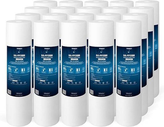 Ronaqua 20" x 4.5" Big Sediment Replacement Water Filter Cartridge, 1 Micron, NSF Certified, for Whole House, Compatible with 155358-43, 2PP20BB1M, AP810-2, FPMB-BB5-20, P5-20BB, SDC-45-2005, 20 Pack
