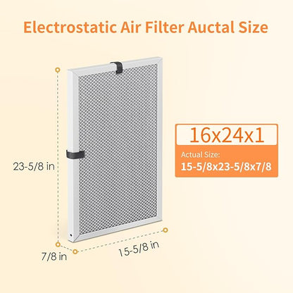 2-Pack 16x24x1 MERV 8 Reusable & Washable Electrostatic Air Filters - Long-Lasting Filter for HVAC, Furnace & Air Conditioner Units, Actual Size: 15-5/8” x 23-5/8” x 7/8”