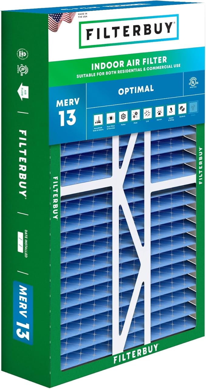 Filterbuy 16x25x5 Air Filter MERV 13 Optimal Smoke & Allergy Defense (1-Pack), Pleated HVAC AC Furnace Filters for Amana, Coleman, Goodman, Maytag, York, and More (Actual Size: 15.38 x 25.50 x 5.25)