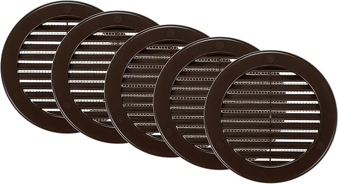 Vent Systems 4" Inch (Opening Dimensions) - Pack of 5 - Brown Soffit Vent Cover - Plastic Round Air Vent Grille - Built-in Mesh Screen - HVAC Register Louver for Bathroom, Home, Kitchen