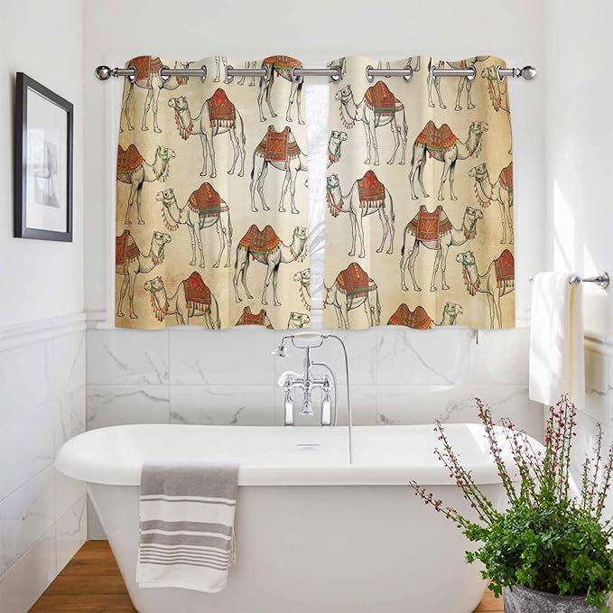 2 Panel Kitchen Cafe Curtains, Desert Sand Camel Sunlight Filtering Nature Air Through, Home Decor Window Covering Tier Curtains for Bedroom Living Room Summer Tropical Animals Vintage Beige
