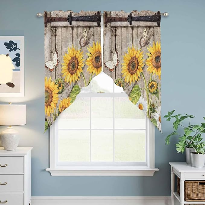 Farmhouse Sunflowers Swag Valances for Windows, Rustic Barn Doors Flowers Butterfly Wooden Rod Pocket Kitchen Curtains Valance, Kitchen Window Curtains Swag for Cafe Living Room, 2 Panels, 36x45 inch