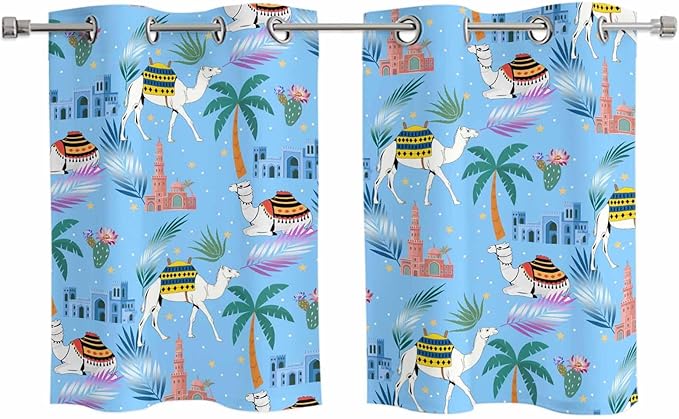 2 Panel Kitchen Cafe Curtains, Desert Landscape Sunlight Filtering Nature Air Through, Home Decor Window Covering Tier Curtains for Living Room 55W x 39L inch Cute Camels Palm Trees Houses Leaves Blue
