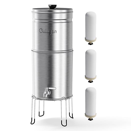 Culligan MaxClear 3 Gallon Gravity Water Filter System, Brushed Stainless-Steel Countertop Water Filter NSF/ANSI Certified to Reduce Microplastics, Lead & Total PFAS, with 3 Ceramic Filters