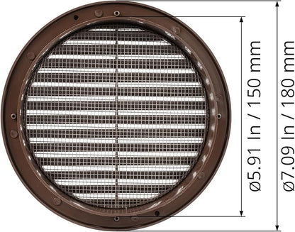 Brown 6" Inch Round Ventilation Grille with Screen mesh. (Duct 6Ø / Grille 7Ø) Ventilation Applications. Indoor and Outdoor Vent Cover - Air Vent Cover for Air Intake, Exhaust
