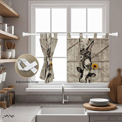 Funny Farm Animals Kitchen Curtains 24 Inch Length, Small Window Curtains Tab Top, Vintage Barn Brown Sunflowers Light Filtering Short Window Treatments Tier Drapes 27.5"x24" 2 Panel