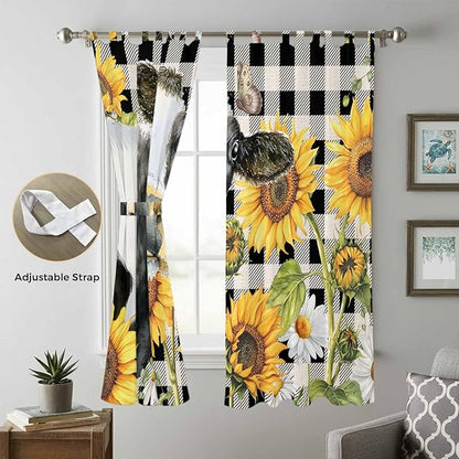 Retro Sunflowers Living Room Curtains 96 Inch Length, Window Curtains Tab Top, Farmhouse Floral Cow Butterfly Black Plaid Light Filtering Window Treatments Drapes 52"x96" 2 Panel