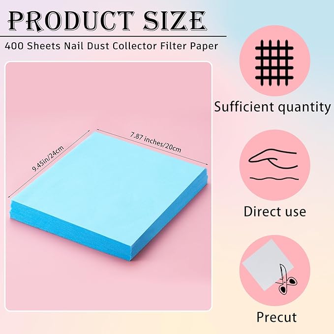 400 Sheets Nail Dust Collector Filter Paper Disposable Nail Dust Suction Collector Filters Paper Sheets Portable for Salon Spa Tech Supplies Accessories (Blue)