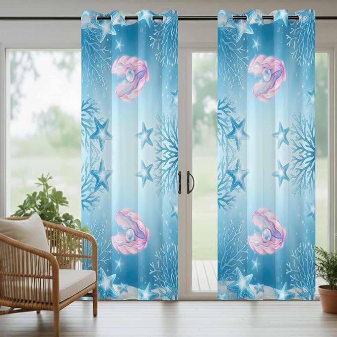 Ocean Shell Outdoor Curtains for Patio Corals Starfish Summer Marine Waterproof Outside Curtains with Grommet Top Weatherproof Curtain for Cabana Pergola Gazebo, 1 Panel, 54" W x 108" L