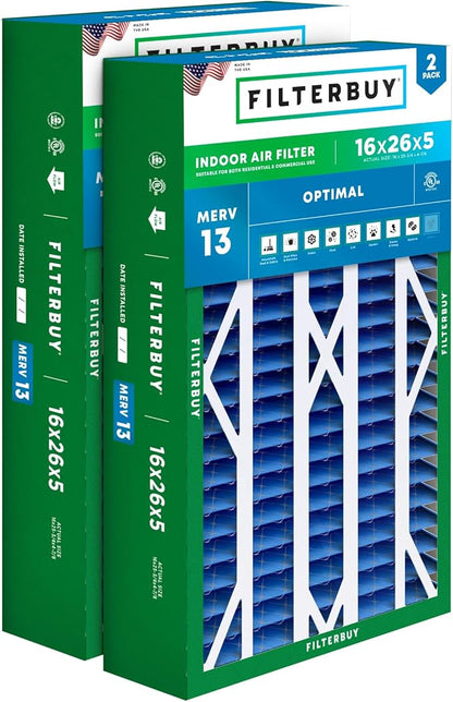 Filterbuy 16x26x5 Air Filter MERV 13 Optimal Smoke & Allergy Defense (2-Pack), Pleated HVAC AC Furnace Filters for Electro-Air, Emerson, White Rodgers, and More (Actual Size: 16.00 x 25.75 x 4.88)