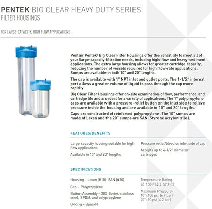 Pentair Pentek 166201 Big Clear Filter Housing, 1" NPT #20 Whole House Heavy Duty Water Filter Housing with Pressure Relief Button, 20-Inch, Blue/Clear
