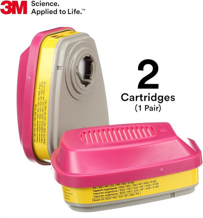 3M P100 Respirator Cartridge/Filter 60923, 1 Pair, NIOSH Approved, Helps Protect Against Organic Vapors, Acid Gases, and Particulates, Magenta, Yellow