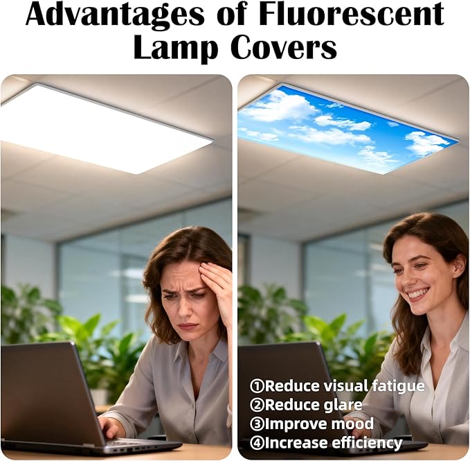 4 Pcs Fluorescent Light Covers - Classroom, Office 4 x 2 Feet Flame Retardant Magnetic Covers for Ceiling Lights Filters (Blue Skies & White Clouds)