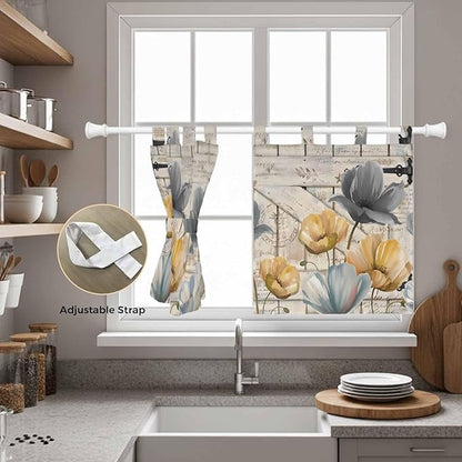 Spring Tulips Flower Kitchen Curtains 36 Inch Length, Small Window Curtains Tab Top, Vintage Floral Barn Doors Rustic Beige Light Filtering Short Window Treatments Tier Drapes 27.5"x36" 2 Panel
