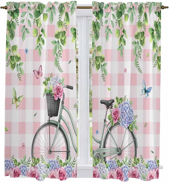 Spring Kitchen Curtains, Bicycles Leaves Butterfly Flowers Pink Buffalo Plaid Light Filtering Window Curtain Panels, 2Pcs Rod Pocket Window Treatments Set for Living Room Bathroom Bedroom 42x63 Inches