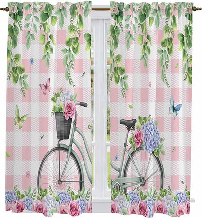 Spring Kitchen Curtains, Bicycles Leaves Butterfly Flowers Pink Buffalo Plaid Light Filtering Window Curtain Panels, 2Pcs Rod Pocket Window Treatments Set for Living Room Bathroom Bedroom 42x63 Inches